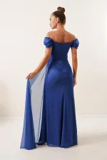 Önü Büzgülü Düşük Kol Astarlı Simli Uzun Elbise