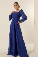 Kare Yaka Beli Kemerli Astarlı Şifon Uzun Abiye