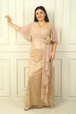 Robe longue BB pour femme, doublée de mousseline et ornée de perles et de sequins
