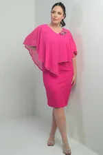 Kadın Ön Arka V Yaka Üstü Şifon Taş Detaylı Güllü Büyük Beden Krep Kısa Elbise