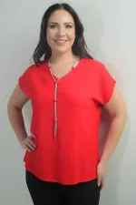 V-Neck Crepe Satin Necklace Plus Size Blouse