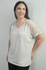 Women's Plus Size Blouse with Lace Detail on Shoulder and Pocket