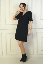 Kadın Yaka Detaylı Kısa Karpuz Kollu Kısa Elbise