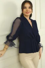 Women's Double-Breasted Half Organza Sleeve Wide-Size Spaced Glittery Blouse