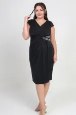 Women's Wrap Neckline Double Stone Detail Lined Half-Moon Sleeved Lycra Plus Size Glitter Dress