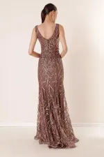 V Yaka Astarlı Simli Flok Baskı Uzun Elbise