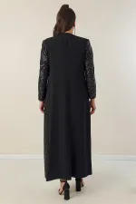 Robe longue en crêpe à manches demi-lune, manches et devant ornés de sequins, caftan doublé, ensemble deux pièces grandes tailles