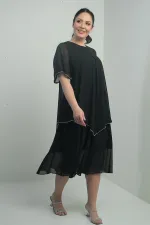 Robe midi en mousseline doublée à manches courtes à volants pour femme, grande taille, ornée de pierres