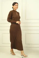 Round Neck, Zip-Up Long Sleeve Knitted Dress