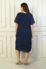 Kadın Yuvarlak Yaka Kısa Kol Astarlı Çift Kat Büyük Beden Şifon Elbise