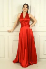 Kadın V Yaka Sırt Dekolteli Üstü Piliseli Örme Saten Uzun Elbise