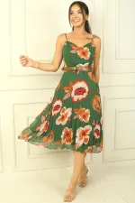 Lined Chiffon Dress with Floral Pleated Skirt and Rope Straps and Waist Belt