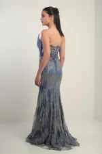 Women's Beaded and Stone Detailed Lined Underwired Long Dress with Transparent Top