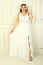 Front and Back V-Neck Top Beaded Floral Motif Lined Long Chiffon Evening Dress