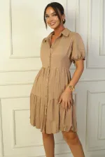 Linen-Effect Dress with Buttoned Front and Gathered Sleeves