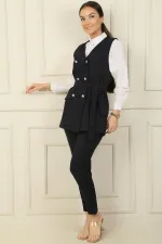 6-Button Vest with Faux Pockets and Belt, Elastic Waist Slim-Fit Trousers - 2-Piece Set