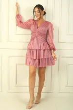 V Yaka Arkası Bağcıklı Bel Dekolteli Kat Kat Simli Elbise