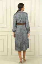 Kadın Beli Kemerli Astarlı Leopar Desenli Pileli Saten Elbise