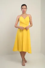 Women's Strappy Wrap Neckline Lined Lace-Up Back Flared Chiffon Dress