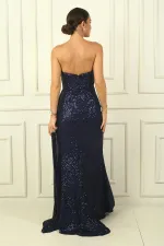 Önü Drapeli Astarlı Straplez Pulpayet Uzun Elbise