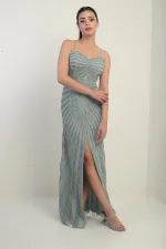 Robe longue à bretelles pour femme, doublée de tulle et ornée d'un imprimé pierre floqué