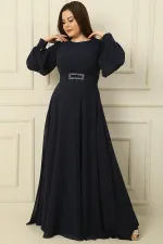 Wrap-neck, belted, lined, plus-size long modest dress.