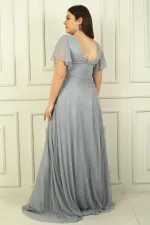 Kadın Ön Arka V Yaka Beli Taş İşlemeli Astarlı Simli Büyük Beden Abiye Elbise