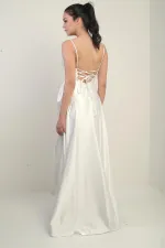 Robe longue en satin pour femme, à bretelles, laçage au dos, doublée et à volants.