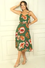 Lined Chiffon Dress with Floral Pleated Skirt and Rope Straps and Waist Belt