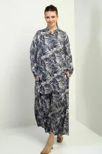 Women's Side Slit Tunic Shirt, Elastic Waist Pocketed Palazzo Pants, Leaf Pattern Oversize 2-Piece Set