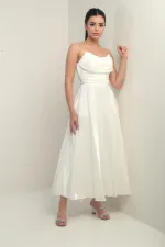 Kadın Degaje Straplez Yaka Astarlı Organze Saten Midi Elbise