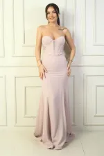 Kadın Straplez Arkası Bağcıklı Astarlı Balenli Uzun Balık Abiye Elbise