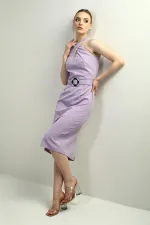 Women's Embellished Cross Neck Belted Midi Crepe Dress