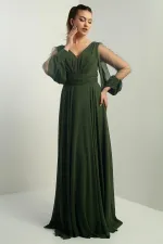 Ön Arka V Yaka Önü Drapeli Kolları Tül Astarlı Geniş Beden Aralıklı Uzun Şifon Elbise