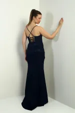 Women's Long Glittery Dress with Pleated and Lined Skirt and Rope Straps