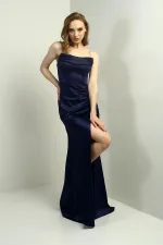 Kadın Parlak İp Askılı Derin Yırtmaçlı Önü Büzgülü Pileli Uzun Saten Abiye Elbise