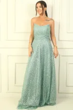 Strapless Lace-Up Back Lined Sequined Long Evening Dress