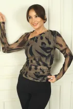 Women's Asymmetrical Collar Gathered Waist Leopard Pattern Tulle Blouse