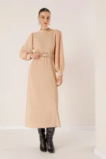 Beli Kemerli Omuz Büzgülü Elbise