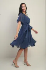 Women's Double-Breasted Flounce Sleeve Lined Chiffon Dress