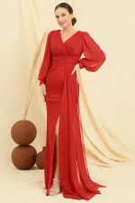 Wrap-neck, button-down sleeves, lined, pocket square, sequined long dress