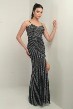 Women's Strappy Flocked Stone Print Lined Tulle Long Dress