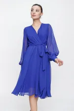 Kruvaze Yaka Uzun Kollu Astarlı Şifon Elbise