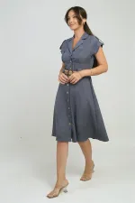 Kadın Yakalı Düşük Omuz Çift Cepli Kemerli Keten Efektli Elbise