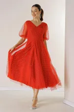 Front and Back V-Neck Short Balloon Sleeved Square Polka Dot Glitter Dahlia Fabric Lined Dress