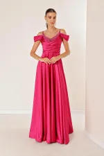 İp Askılı Düşük Kollu Taş Detaylı Önü Drapeli Astarlı Uzun Saten Abiye Elbise