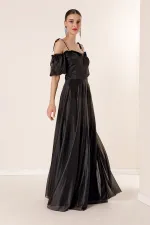Long Dress with Pleated Neckline, Balloon Sleeves, Lined, and Glittery Embellishments.