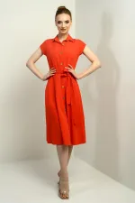 Women's Button-Front Belted Shirt Collar Short-Sleeve Dress