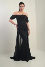 Women's Low-Sleeve Underwired Lined Cape Chiffon Long Dress