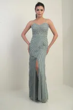 Robe longue à bretelles pour femme, doublée de tulle et ornée d'un imprimé pierre floqué